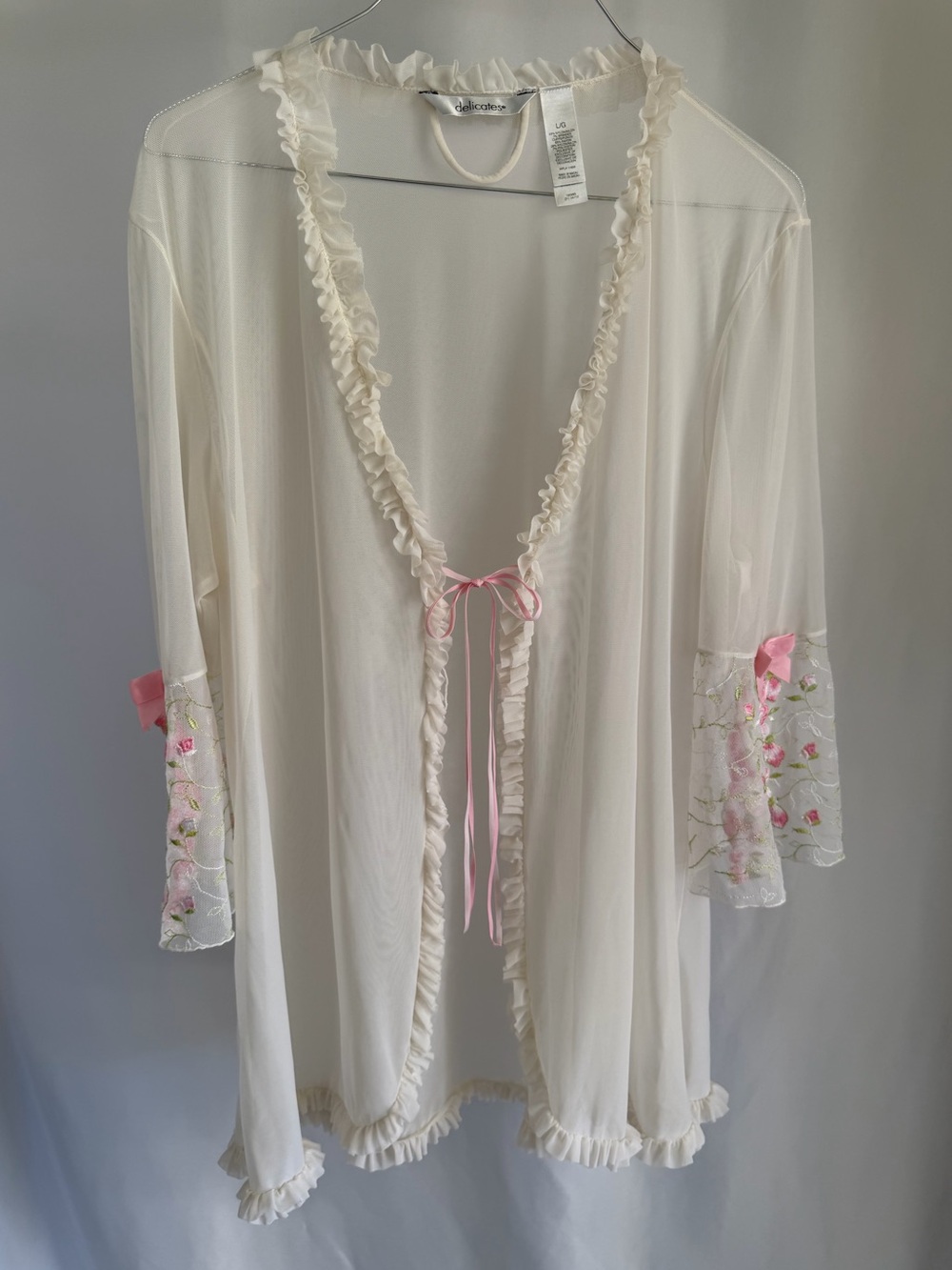 90s/y2k Sheer Floral Embroidered Mesh Ruffle Tie-Front Lingerie Top, Size Large